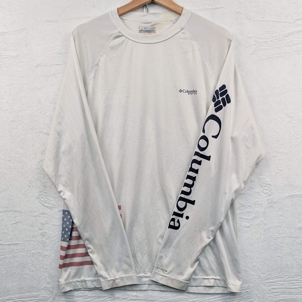 Columbia PFG Shirt Men's M White American Flag Fishing Performance Omni-Shade